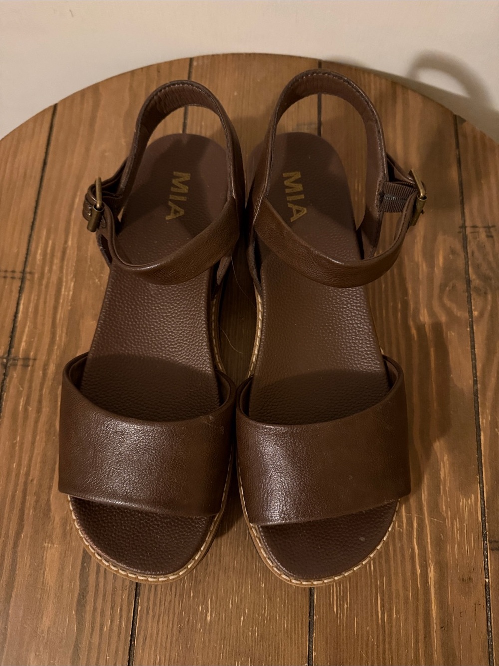 MIA Dark Brown Leather Wedge Slingback Sandals